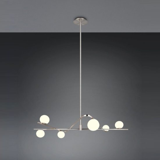 Lampadario a sospensione 6 luci per soggiorno nichel opaco e cromo con diffusori in vetro bianco