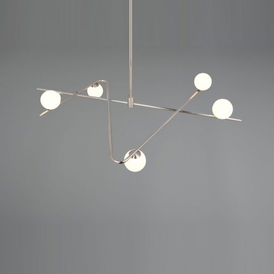 Lampadario a sospensione 6 luci per soggiorno nichel opaco e cromo con diffusori in vetro bianco