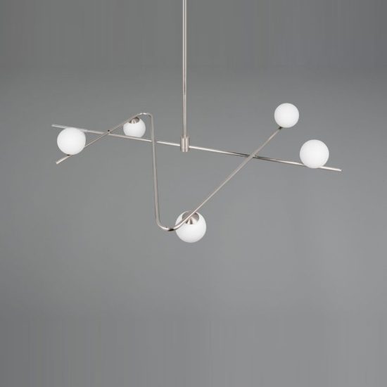 Lampadario a sospensione 6 luci per soggiorno nichel opaco e cromo con diffusori in vetro bianco