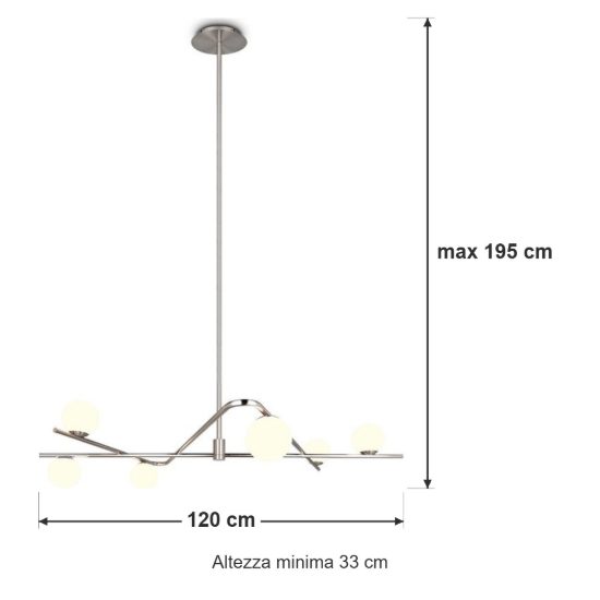 Lampadario a sospensione 6 luci per soggiorno nichel opaco e cromo con diffusori in vetro bianco