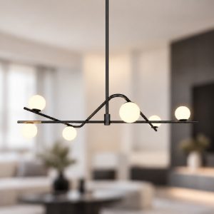 Lampadario a sospensione 6 luci per soggiorno nero e oro con diffusori in vetro bianco