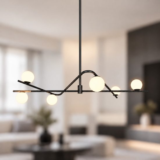 Lampadario a sospensione 6 luci per soggiorno nero e oro con diffusori in vetro bianco