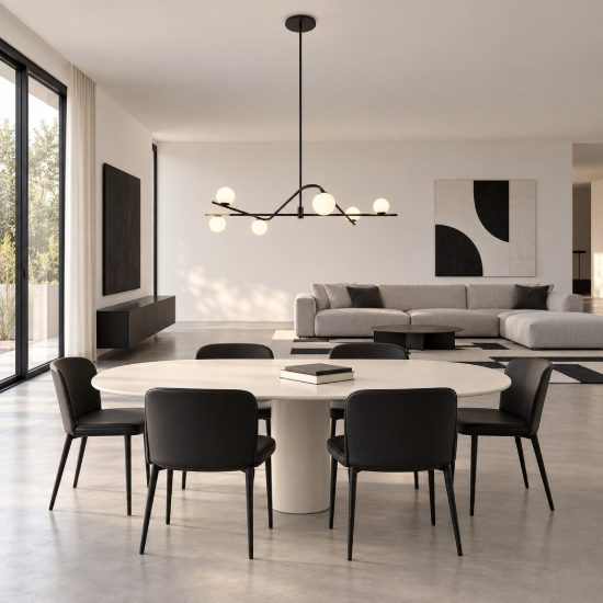 Lampadario a sospensione 6 luci per soggiorno nero e oro con diffusori in vetro bianco
