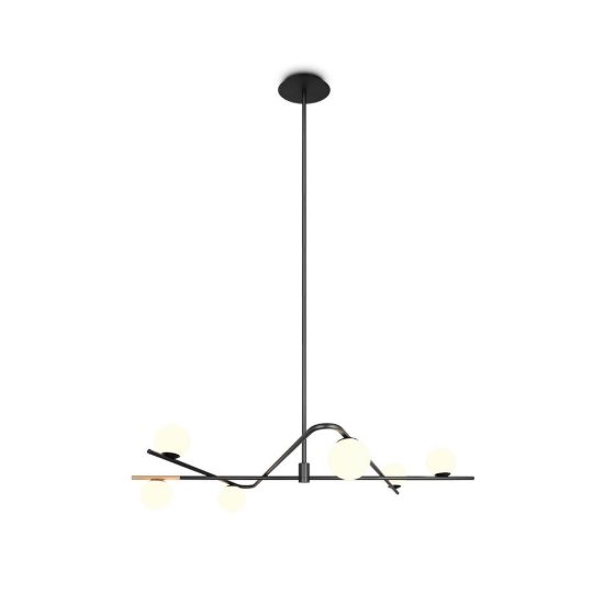 Lampadario a sospensione 6 luci per soggiorno nero e oro con diffusori in vetro bianco