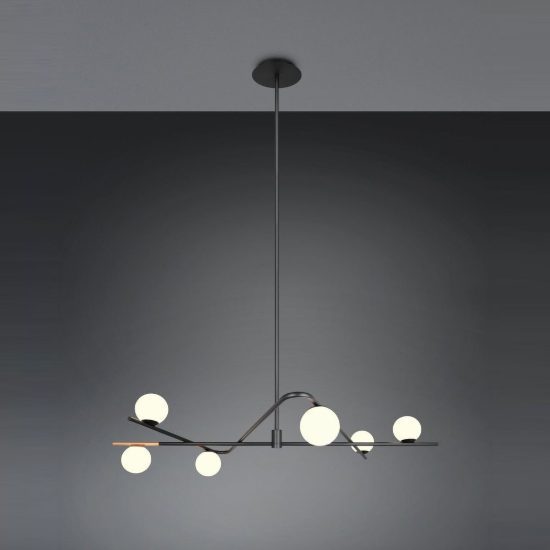 Lampadario a sospensione 6 luci per soggiorno nero e oro con diffusori in vetro bianco