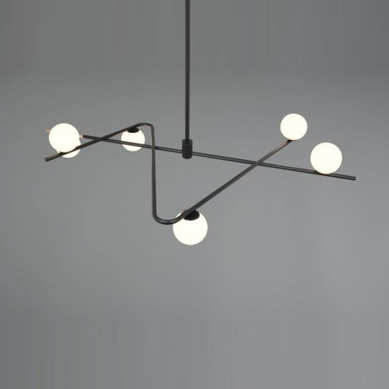 Lampadario a sospensione 6 luci per soggiorno nero e oro con diffusori in vetro bianco