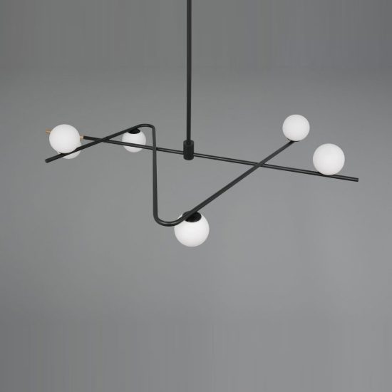 Lampadario a sospensione 6 luci per soggiorno nero e oro con diffusori in vetro bianco
