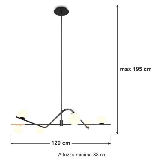 Lampadario a sospensione 6 luci per soggiorno nero e oro con diffusori in vetro bianco