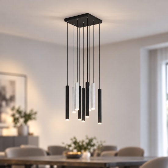 Lampadario 9 luci led 31,5w 2000k 4000k dim to warm nero e alluminio con diffusori 3d