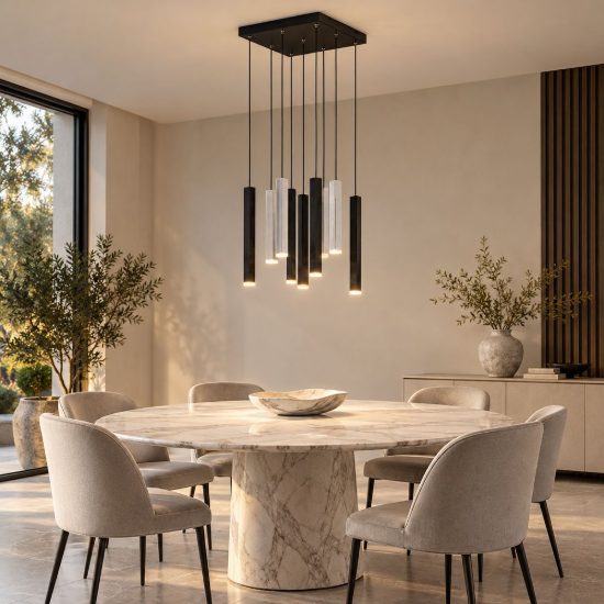 Lampadario 9 luci led 31,5w 2000k 4000k dim to warm nero e alluminio con diffusori 3d