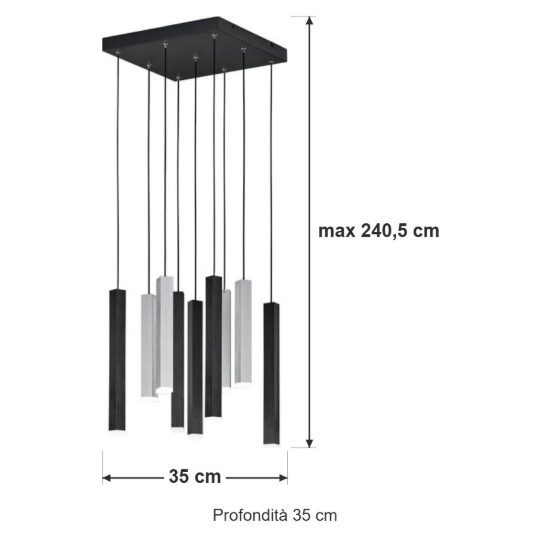 Lampadario 9 luci led 31,5w 2000k 4000k dim to warm nero e alluminio con diffusori 3d