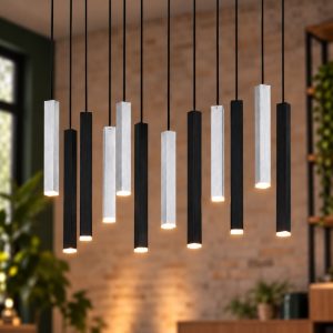 Lampadario 12 luci led 42w 2000k 4000k dim to warm nero e alluminio con diffusori 3d