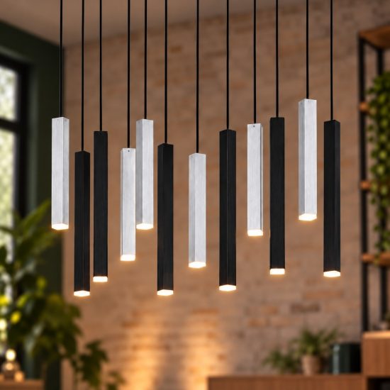 Lampadario 12 luci led 42w 2000k 4000k dim to warm nero e alluminio con diffusori 3d