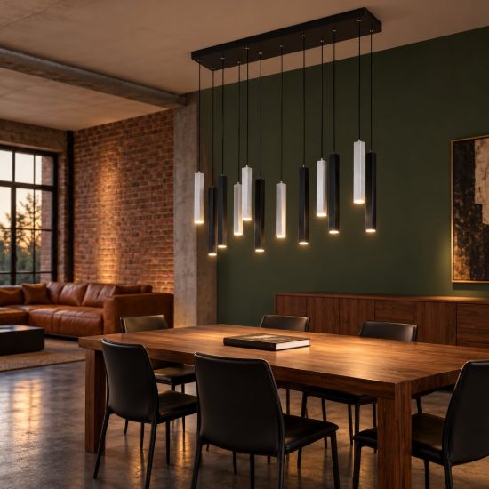 Lampadario 12 luci led 42w 2000k 4000k dim to warm nero e alluminio con diffusori 3d