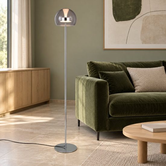 Piantana led 11w cct 2300k 3000k 4000k per soggiorno moderna cromo con vetro trasparente