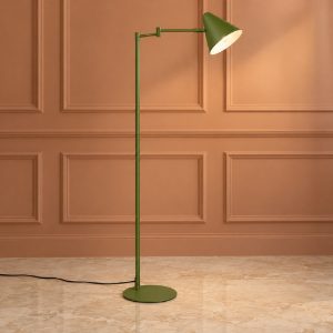 Piantana per soggiorno orientabile moderna verde con paralume a cono e interruttore