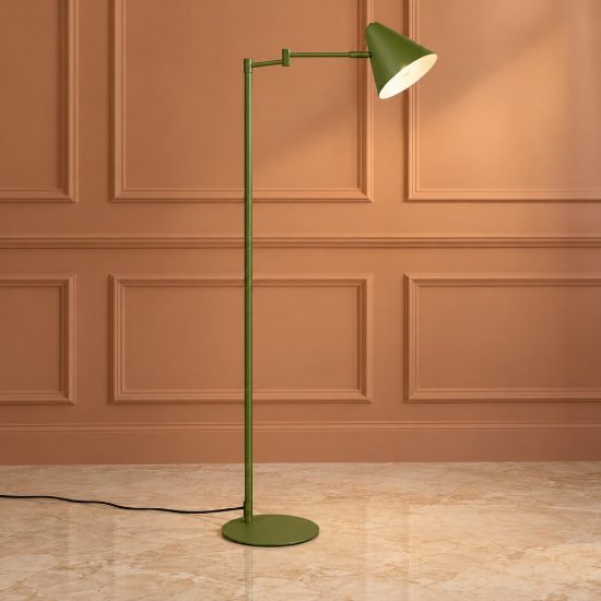 Piantana per soggiorno orientabile moderna verde con paralume a cono e interruttore