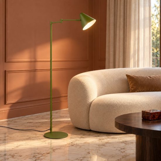 Piantana per soggiorno orientabile moderna verde con paralume a cono e interruttore