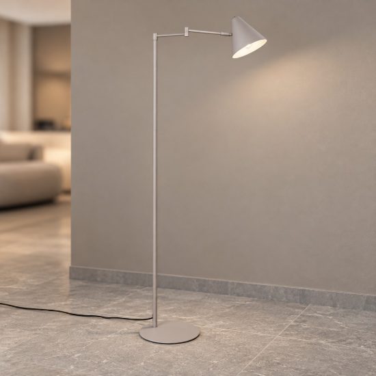 Lampada da terra per soggiorno orientabile moderna grigio caldo con paralume a cono e interruttore