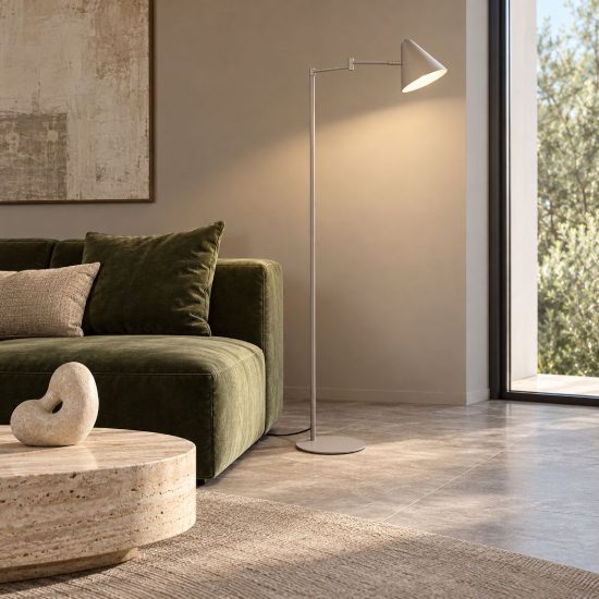 Lampada da terra per soggiorno orientabile moderna grigio caldo con paralume a cono e interruttore