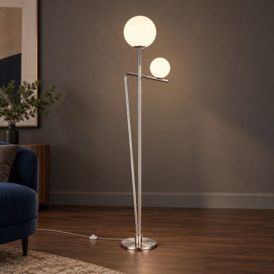 Piantana 2 luci per soggiorno moderna nichel opaco e cromo con diffusori in vetro bianco