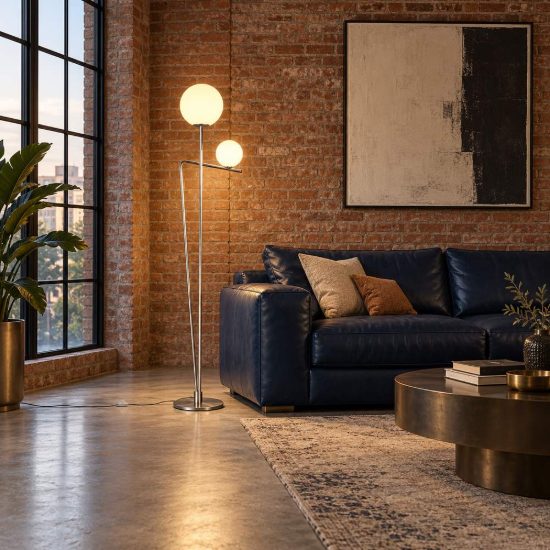 Piantana 2 luci per soggiorno moderna nichel opaco e cromo con diffusori in vetro bianco