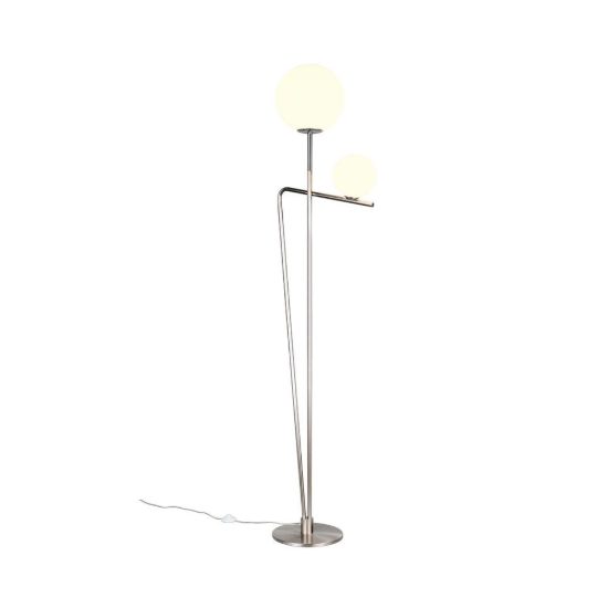 Piantana 2 luci per soggiorno moderna nichel opaco e cromo con diffusori in vetro bianco