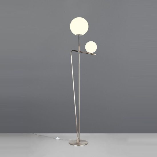 Piantana 2 luci per soggiorno moderna nichel opaco e cromo con diffusori in vetro bianco