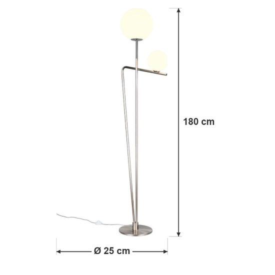 Piantana 2 luci per soggiorno moderna nichel opaco e cromo con diffusori in vetro bianco
