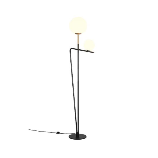 Lampada da terra 2 luci per soggiorno moderna nera e oro con diffusori in vetro bianco