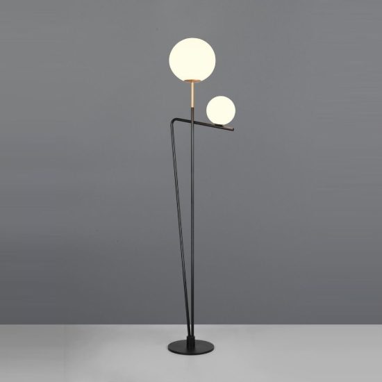 Lampada da terra 2 luci per soggiorno moderna nera e oro con diffusori in vetro bianco