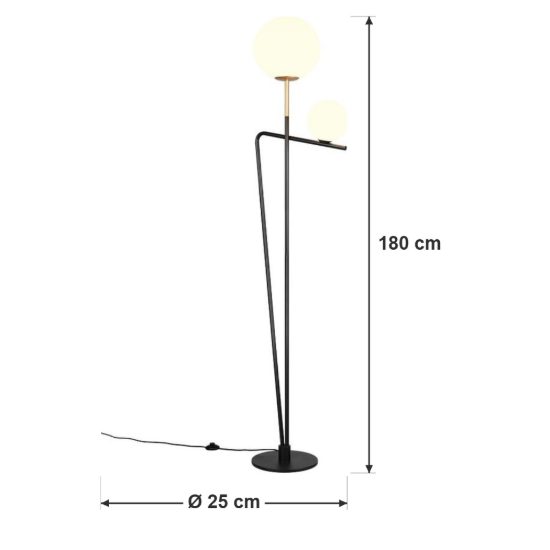 Lampada da terra 2 luci per soggiorno moderna nera e oro con diffusori in vetro bianco