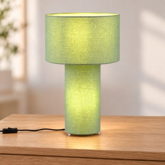 Lampada da tavolo 2 luci per soggiorno in tessuto verde pistacchio con base luminosa