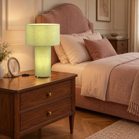 Lampada da tavolo 2 luci per soggiorno in tessuto verde pistacchio con base luminosa
