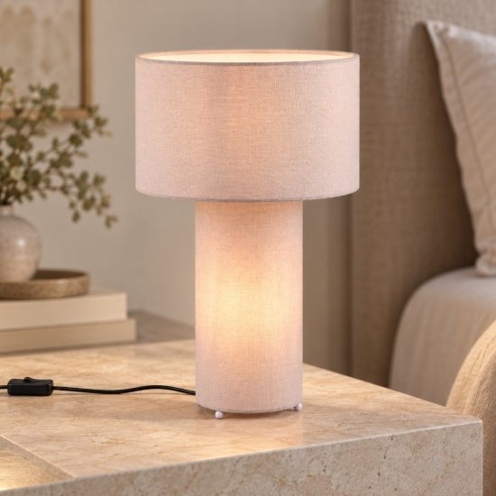 Lampada da tavolo 2 luci per soggiorno in tessuto grigio pastello con base luminosa