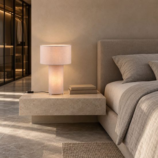 Lampada da tavolo 2 luci per soggiorno in tessuto grigio pastello con base luminosa