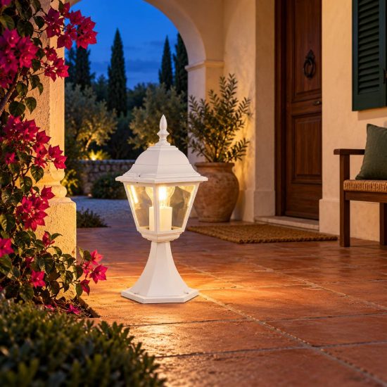 Lampioncino da giardino paletto ip44 a lanterna quadrata bianco con vetro trasparente