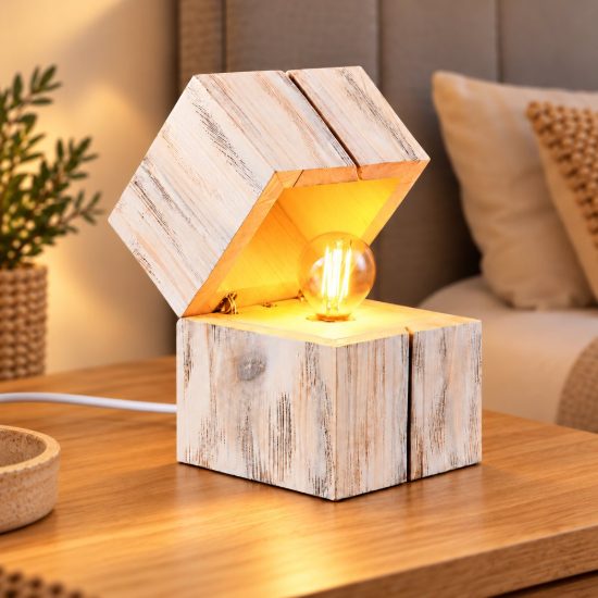 Abat-jour per comodino moderno a forma di scrigno in legno bianco