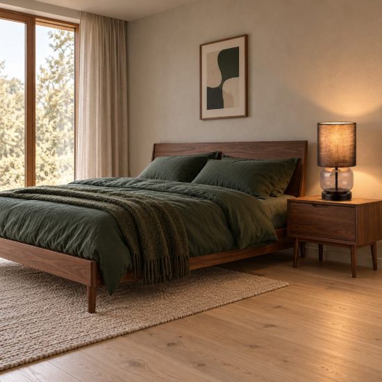 Abat-jour per comodino moderno con base in vetro fumè e paralume nero
