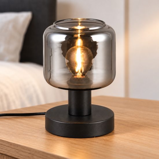 Abat-jour per comodino moderno nero con vetro cromato