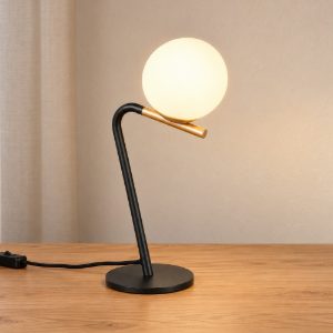 Abat-jour per comodino moderno nero e oro con diffusore in vetro bianco