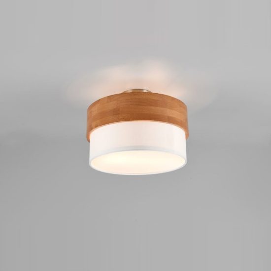 Plafoniera 2 luci moderna con paralume in tessuto bianco fascia in legno