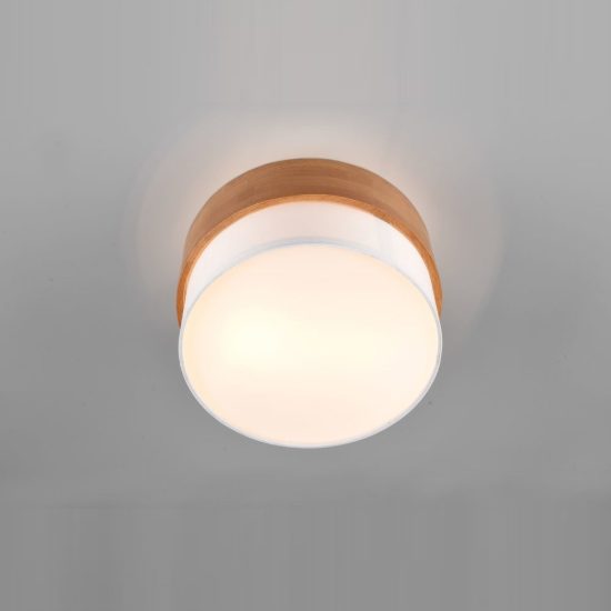 Plafoniera 2 luci moderna con paralume in tessuto bianco fascia in legno