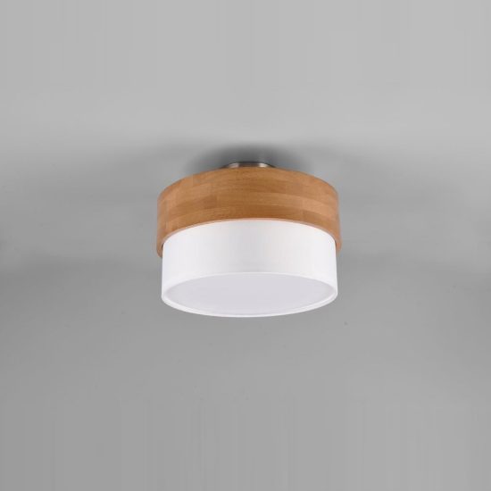 Plafoniera 2 luci moderna con paralume in tessuto bianco fascia in legno