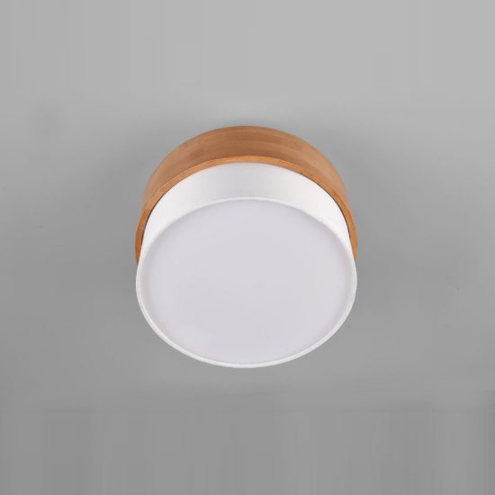 Plafoniera 2 luci moderna con paralume in tessuto bianco fascia in legno