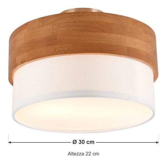 Plafoniera 2 luci moderna con paralume in tessuto bianco fascia in legno