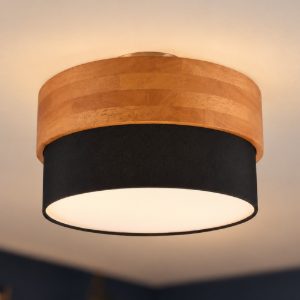 Plafoniera 2 luci moderna con paralume in tessuto nero fascia in legno