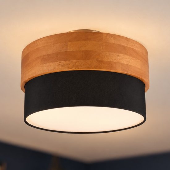 Plafoniera 2 luci moderna con paralume in tessuto nero fascia in legno