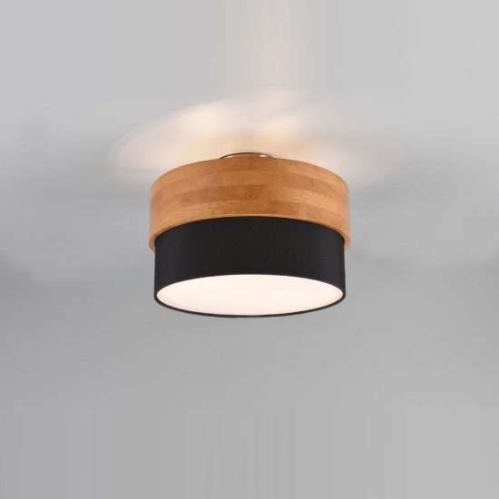 Plafoniera 2 luci moderna con paralume in tessuto nero fascia in legno
