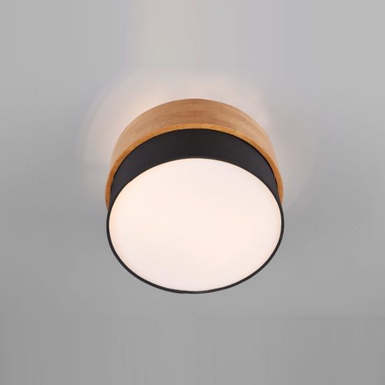 Plafoniera 2 luci moderna con paralume in tessuto nero fascia in legno
